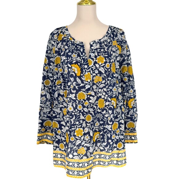 Talbots 1X Fabulous Floral Popover Top Split Neck Long Sleeve Navy Yellow Blouse - Picture 2 of 10